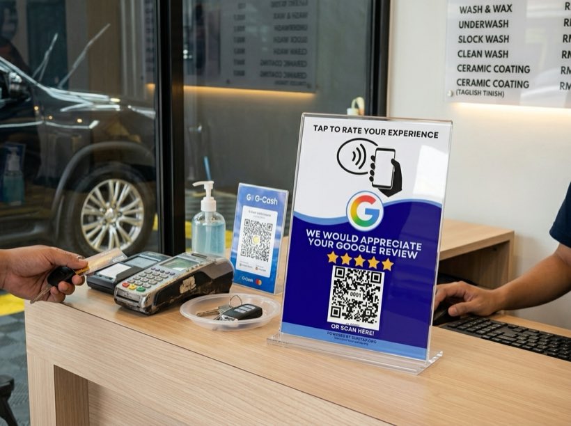 A SukiTap review stand at a service counter
